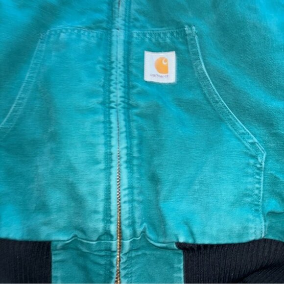 Teal Carhartt Santa Fe Bomber Jacket Rare Vintage Hooded Aqua Sz Unknown USA 90 - Picture 3 of 10